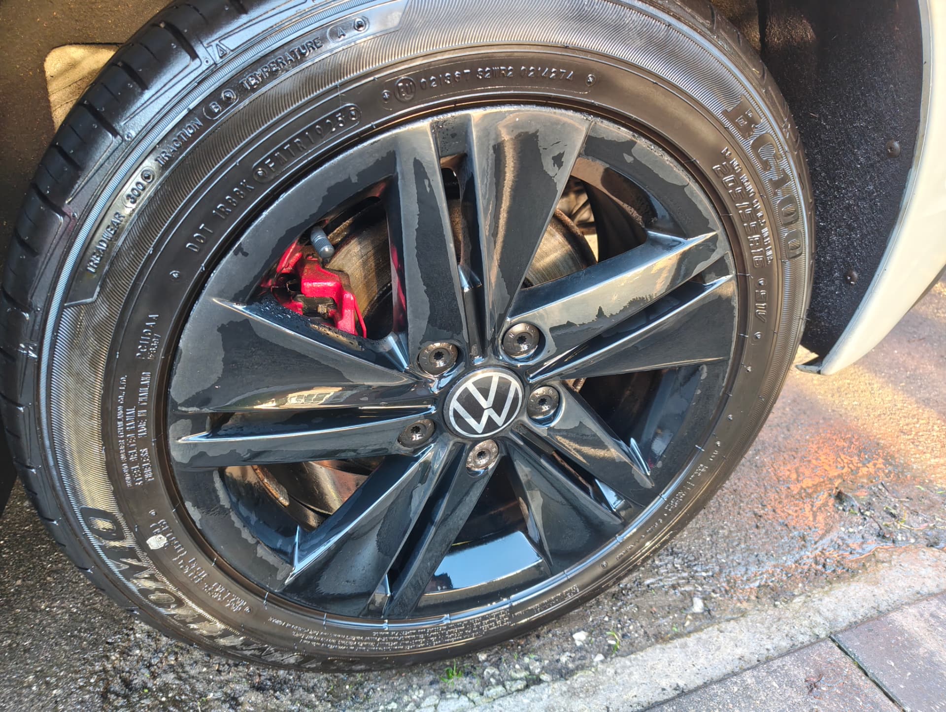Golf alloy wheel and tyre wet after rinsing